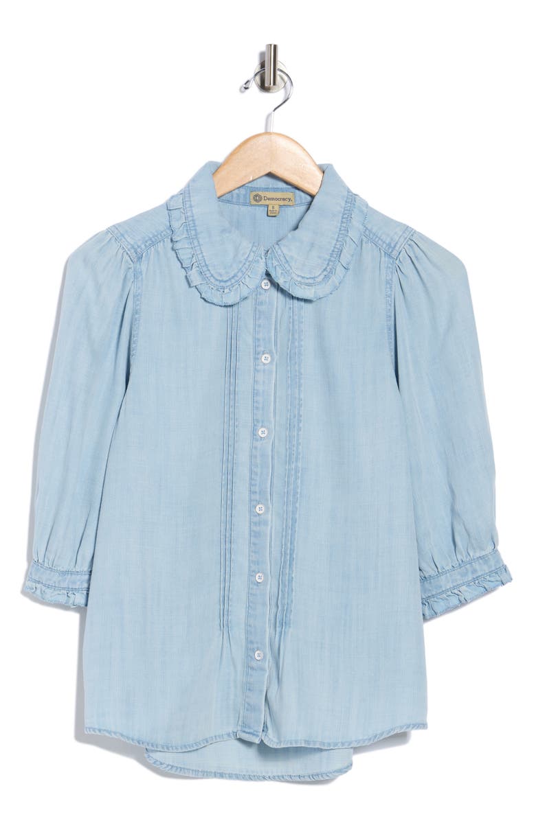 Democracy Three-Quarter Sleeve Ruffle Button-Up Shirt, Alternate, color, Powder Blue
