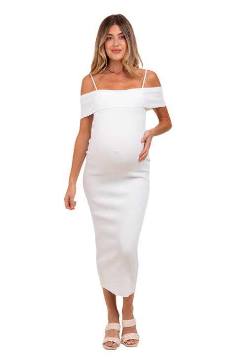 Rib Knit Off Shoulder Fitted Midi Dress