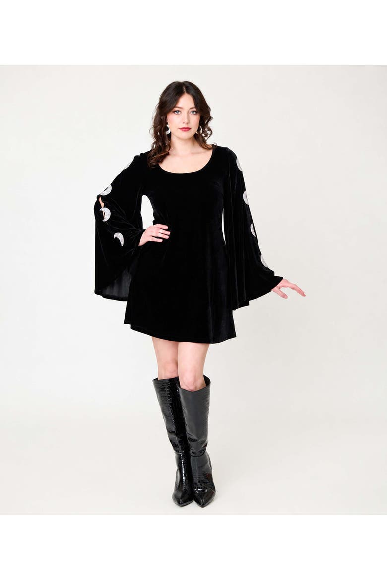 Angel Sleeve Downtown Scene Mini Fit & Flare Dress, Main, color, Black w/ Crescent Moon