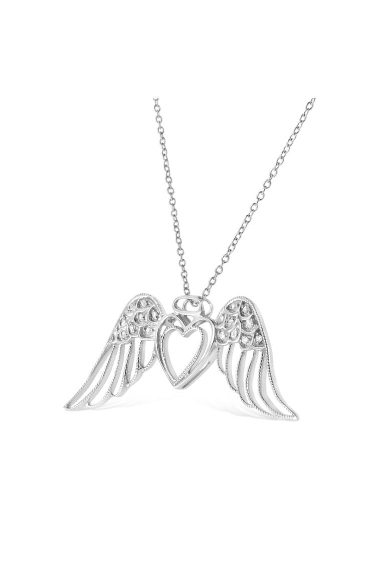 Silver Pave-Set Diamond Accent Angel Wing Double Heart Pendant Necklace, Alternate, color, White