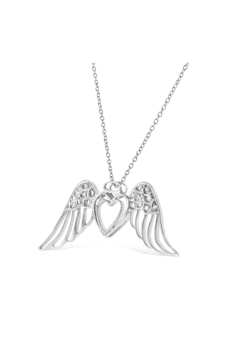 Haus of Brilliance Silver Pave-Set Diamond Accent Angel Wing Double Heart Pendant Necklace, Alternate, color, White