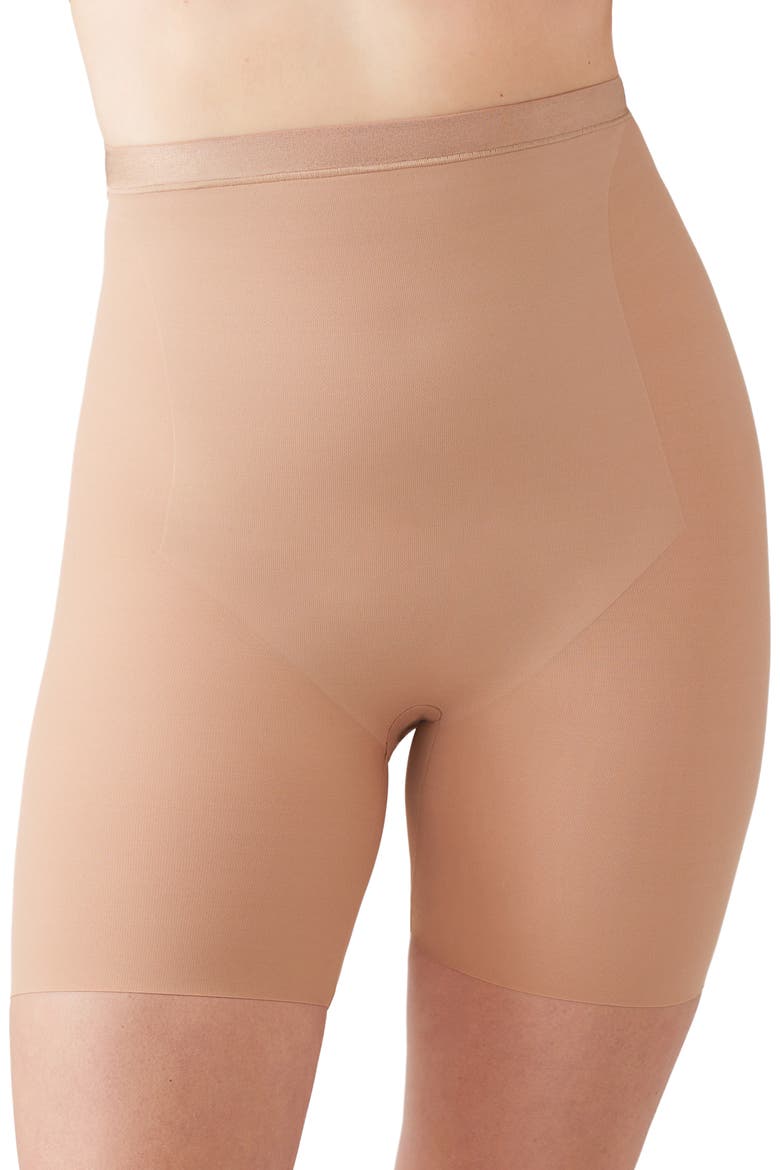 Shape Revelation® Straight High Waist Thigh Shaping Shorts, Main, color, PRALINE