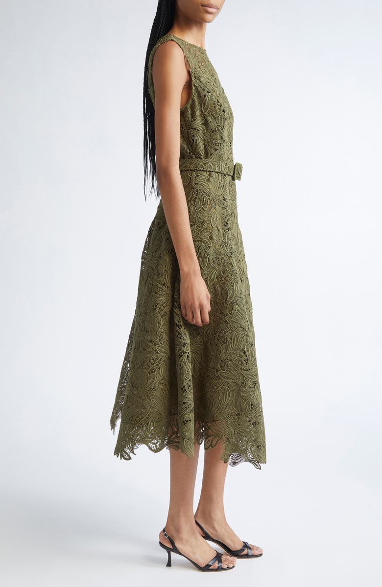 Oscar de la Renta Feather Guipure Lace Belted A-Line Dress, Alternate, color, Dark Moss