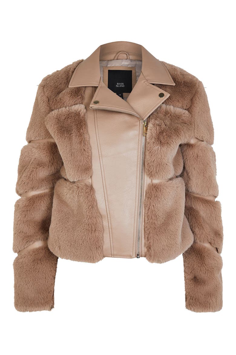 Faux Fur & Faux Leather Moto Jacket, Alternate, color, MED PINK