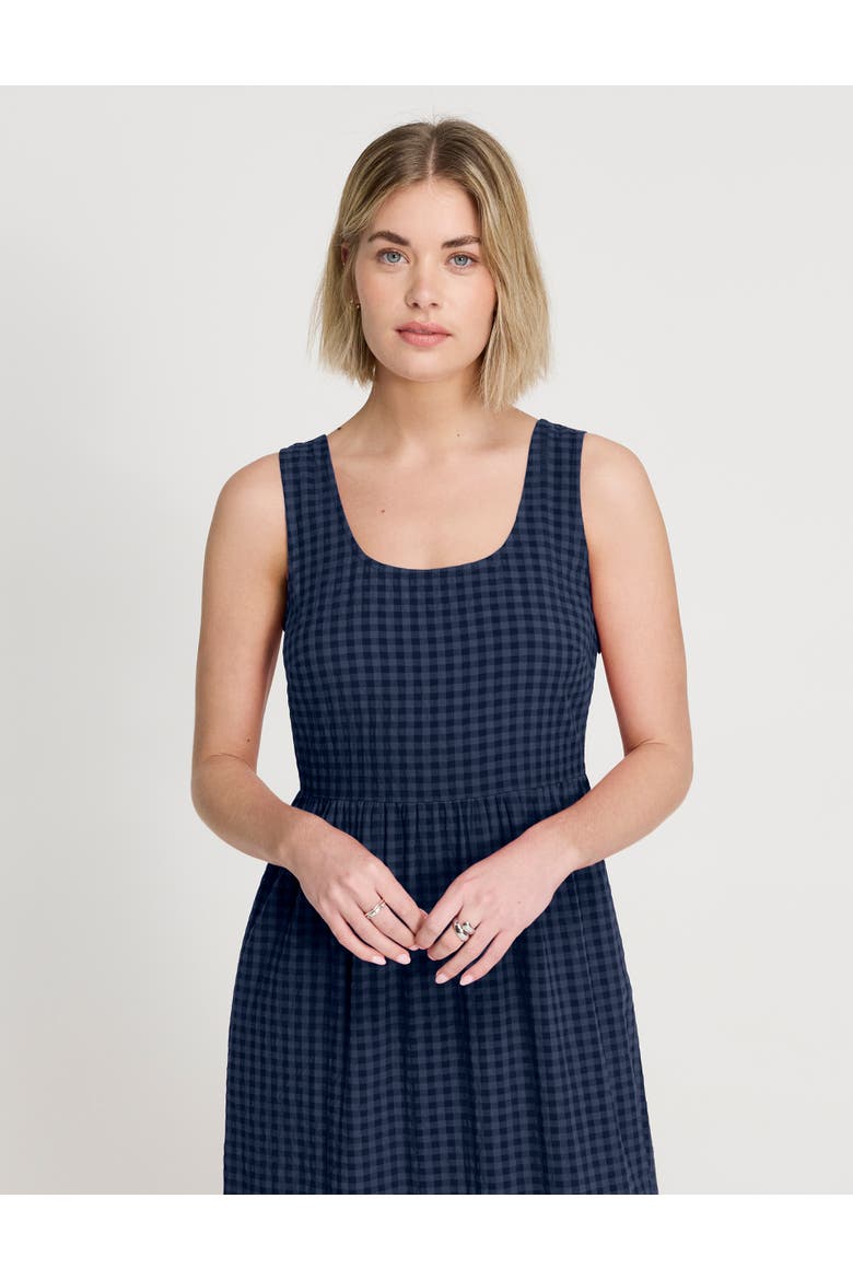 Cara Gingham Seersucker Midi Dress, Alternate, color, Navy