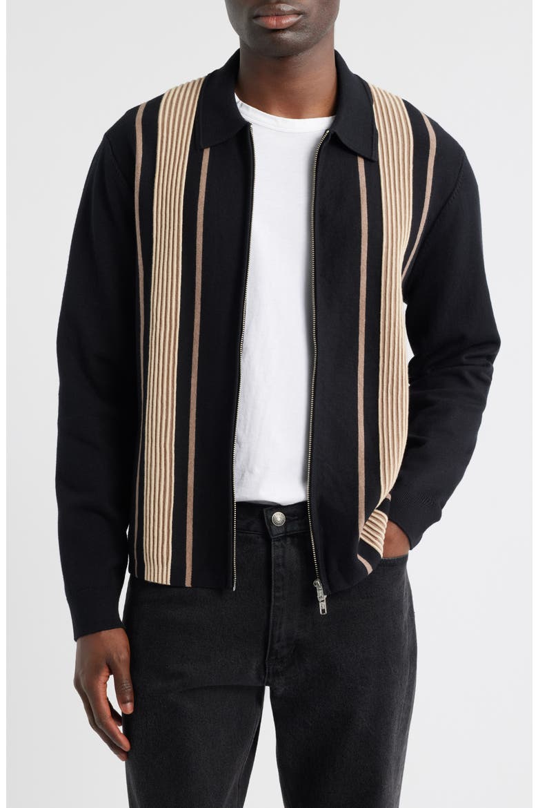 Lennox Stripe Cotton & Cashmere Zip-Up Shirt, Main, color, BLACK / BEIGE