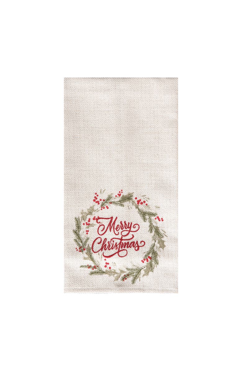 C&F Home 27" x 18" "Merry Christmas" Sentiment Holly Berry Winter Wreath Holiday Embellished Flour Sack Kitchen Dish Towel Decor, Main, color, White