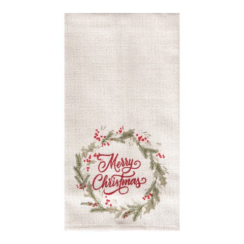 27" x 18" "Merry Christmas" Sentiment Holly Berry Winter Wreath Holiday Embellished Flour Sack Kitchen Dish Towel Decor