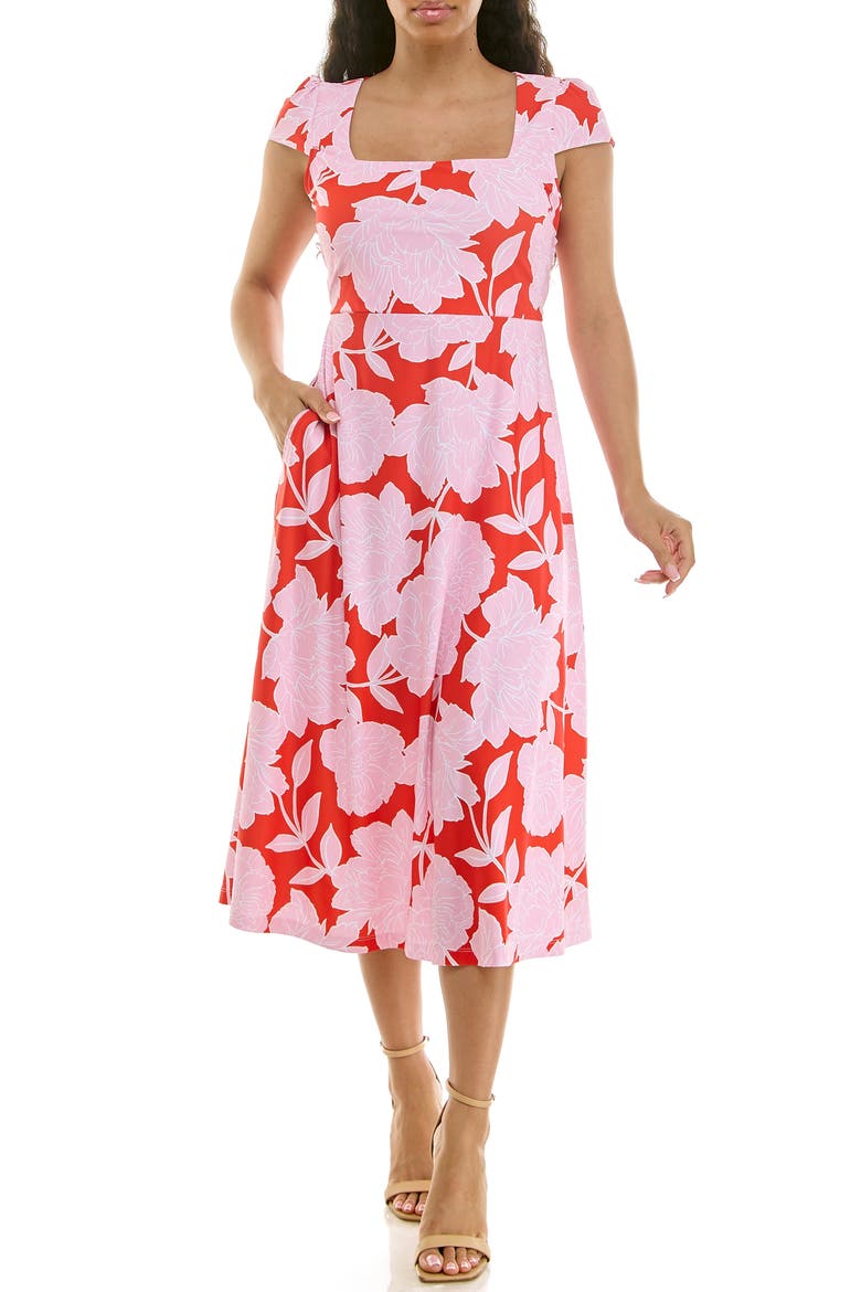 Floral Cap Sleeve Fit & Flare Dress, Main, color, ORANGE/ IVORY/ PINK