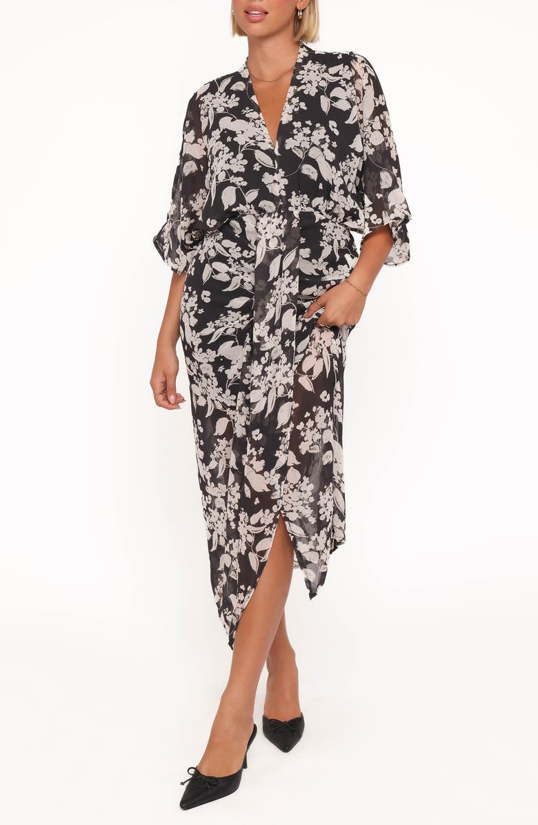 Petal & Pup Audrina Floral Chiffon Midi Dress, Main, color, Black Floral