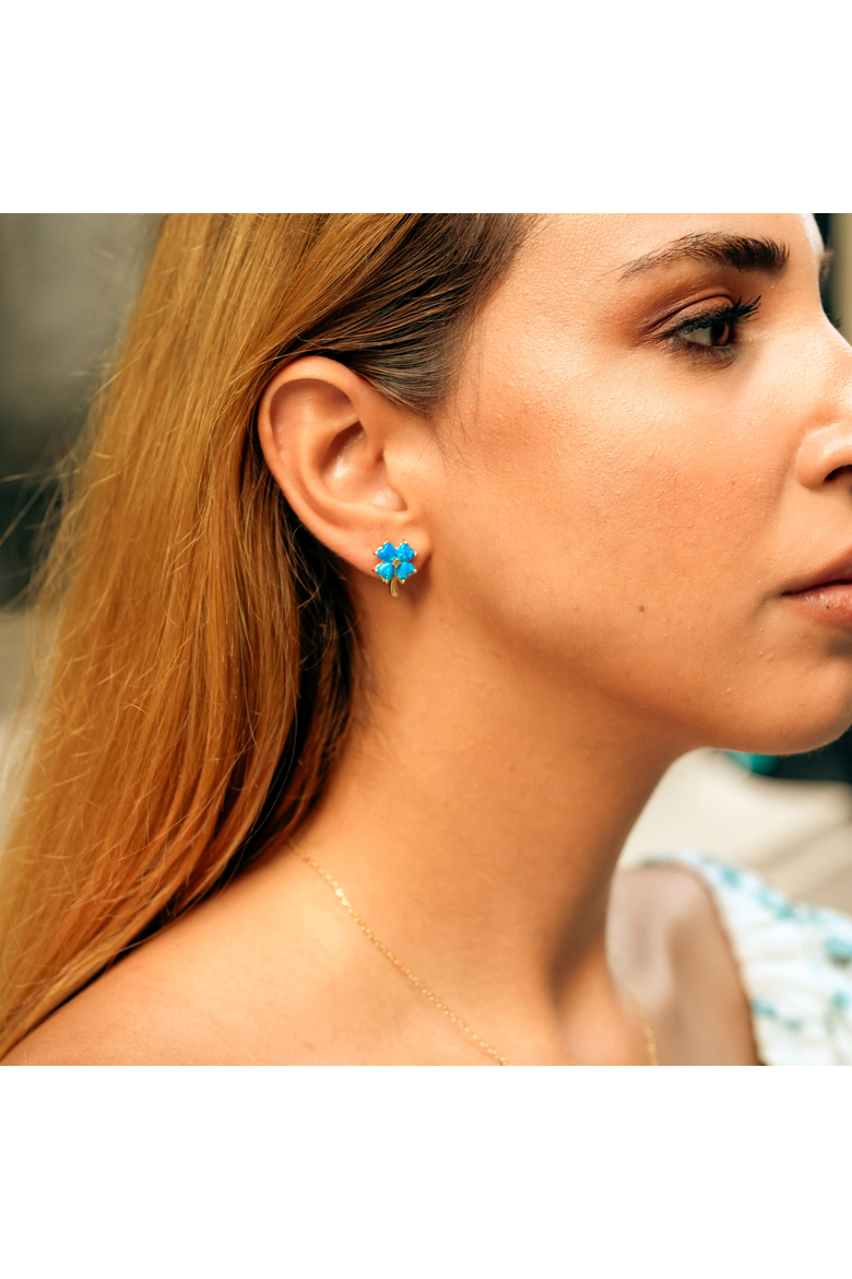 Blue Opal Four Leaves Clover Sterling Silver Stud Earring, Alternate, color, Gold