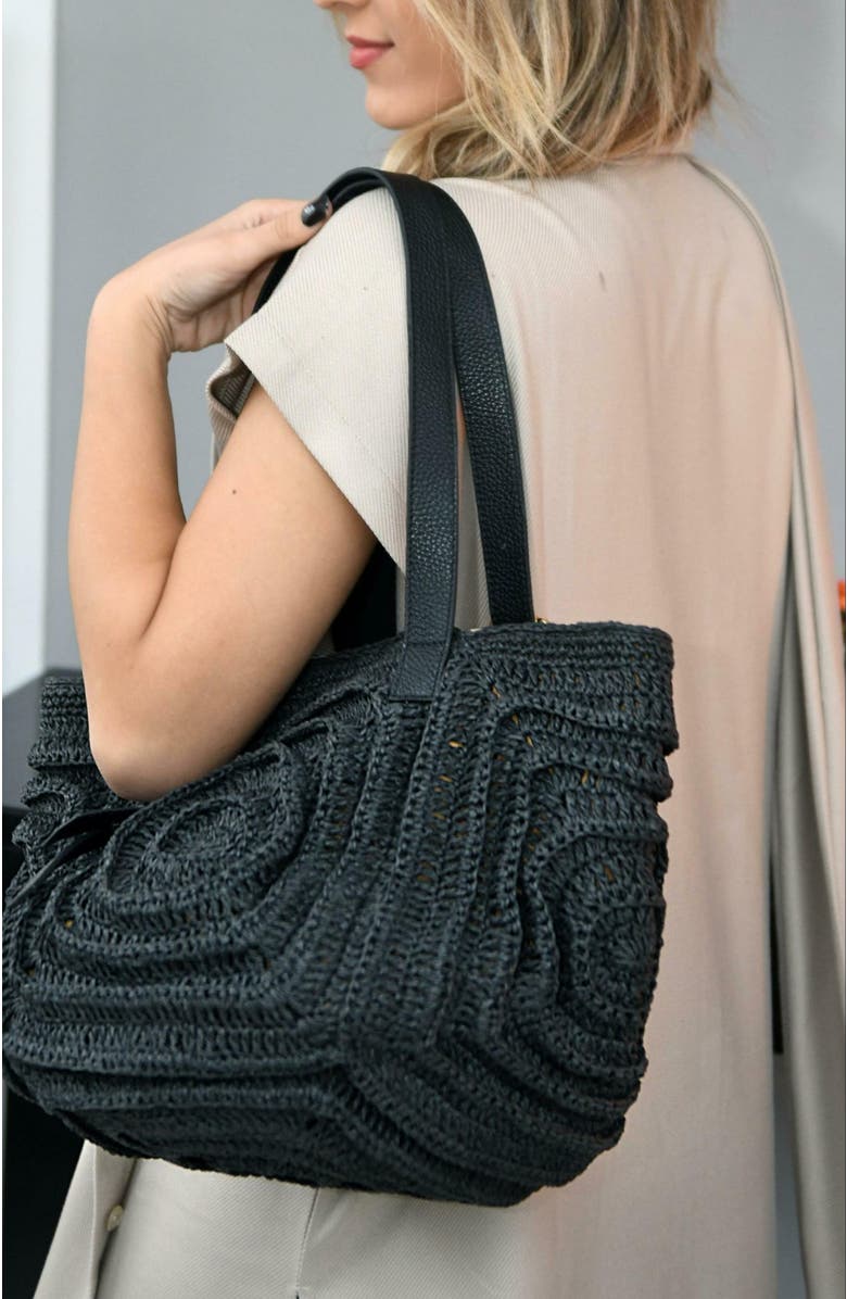 Forever & Always Shoes Giorgia Hand Woven Shoulder Bag with Leather Straps, Alternate, color, Black