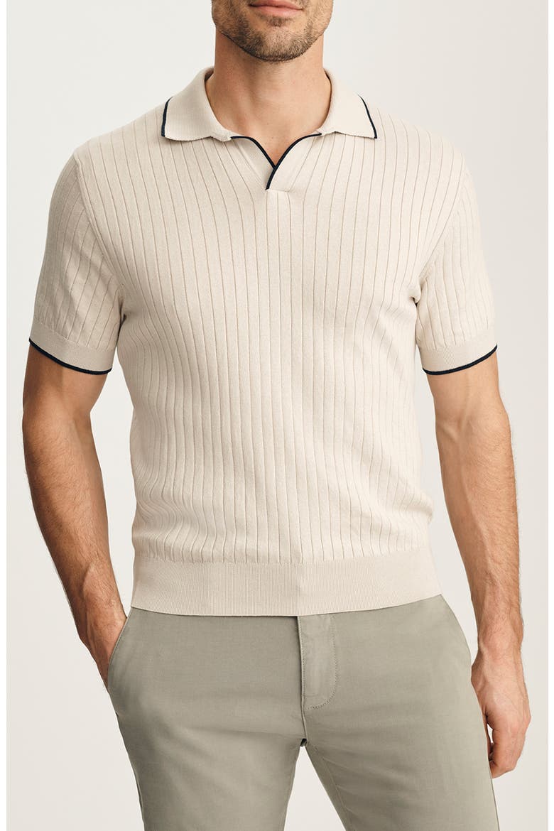 Tipped Johnny Collar Short Sleeve Cotton Sweater, Main, color, PURE CASHMERE