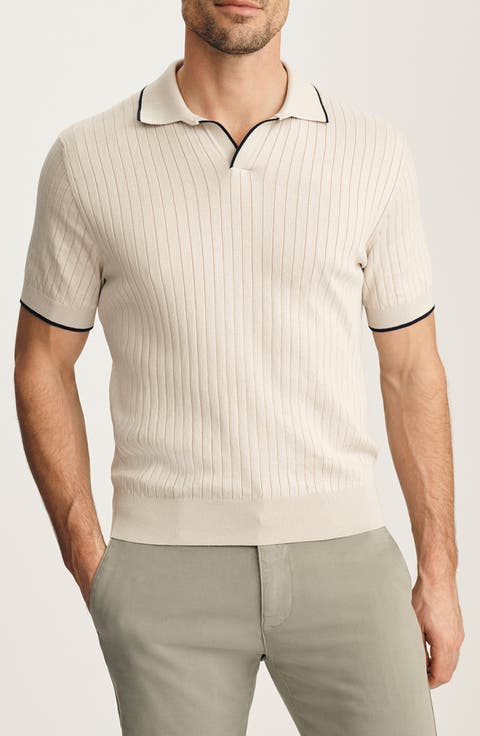 Tipped Johnny Collar Short Sleeve Cotton Sweater