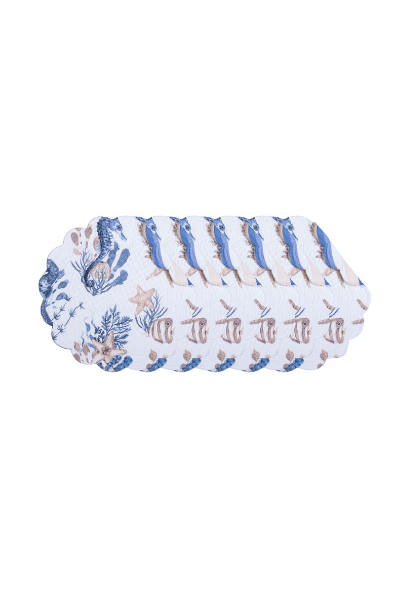 C&F Home Seahorse Sands Reversible Machine Washable Scallop Quilt Round Placemats Set of 6, Main, color, Gold