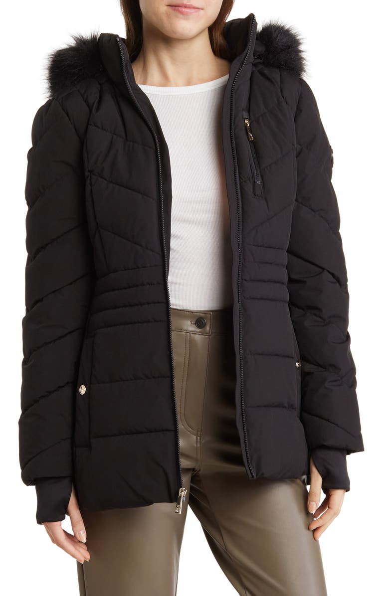 Michael Kors Faux Fur Trimmed Puffer Jacket, Main, color, 