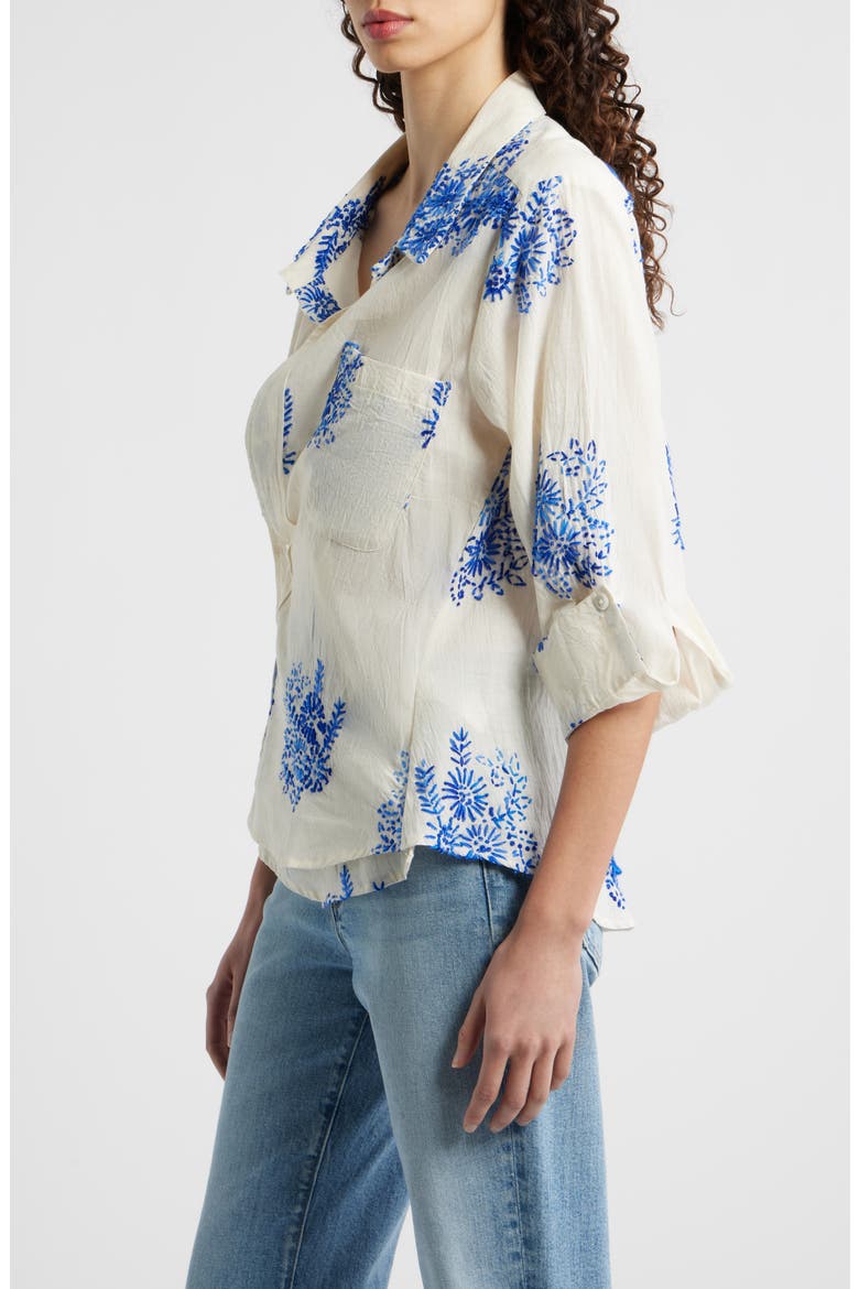 Embroidered Asymmetric Cotton Button-Up Shirt, Alternate, color, FLORET HANDSTITCH