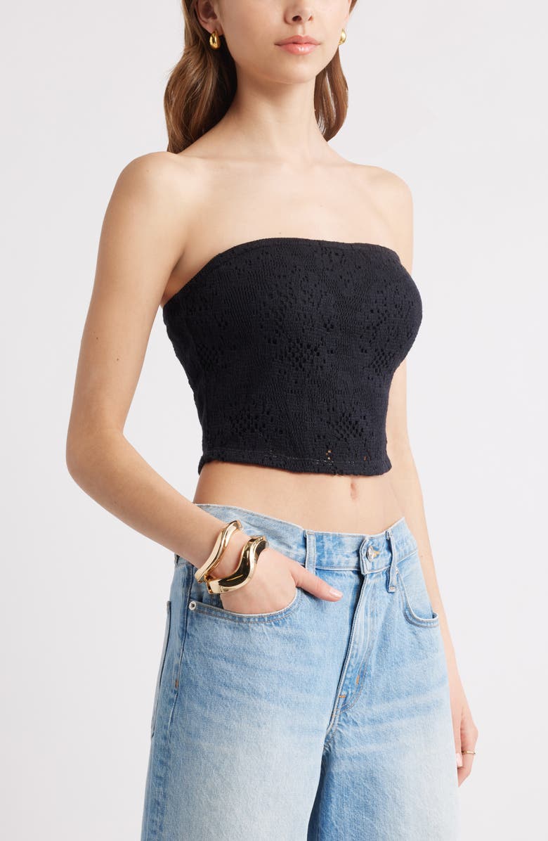 Open Edit Strapless Lace Overlay Crop Top, Alternate, color, Black