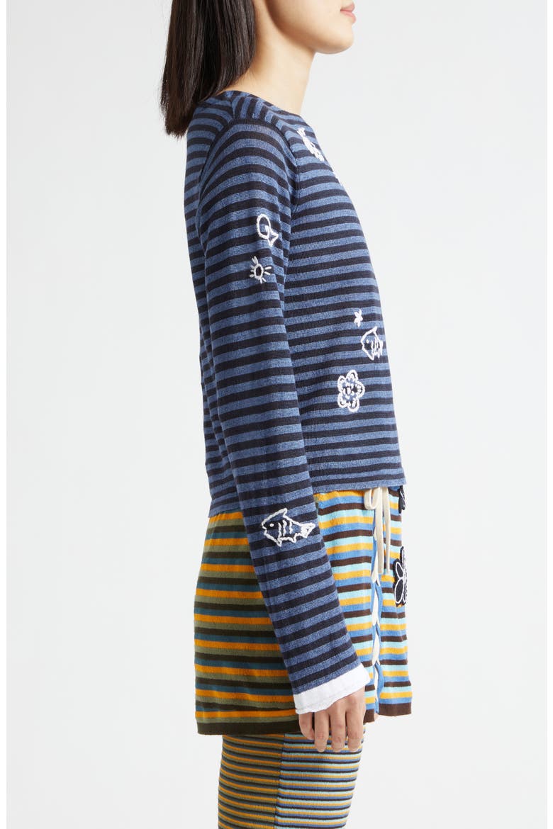 Mabo Embroidered Stripe Linen Sweater, Alternate, color, DENIM/ INK