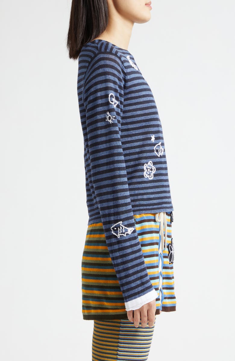 YanYan Mabo Embroidered Stripe Linen Sweater, Alternate, color, Denim/ Ink