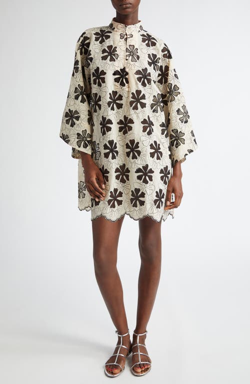 La Vie Style House Embroidered Floral Cover-Up Minidress in Tan/Black 