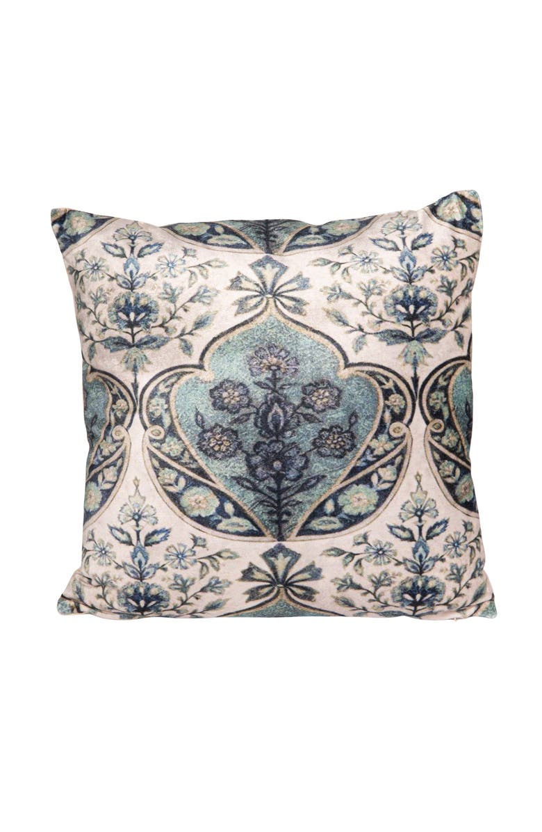 Storied Home Cotton Blend Velvet Printed Pillow with Floral Pattern, Cream Color and Blue, Main, color, Cream
