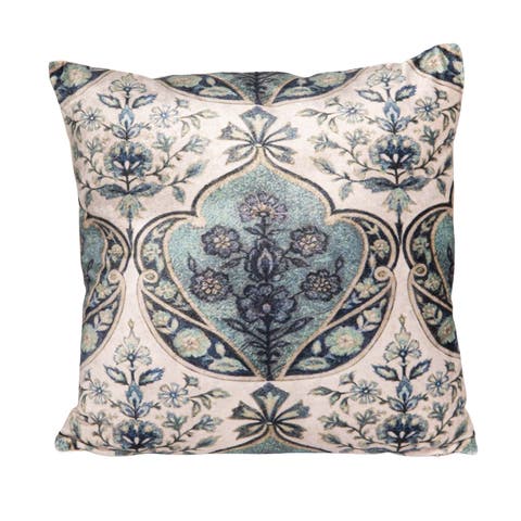 Cotton Blend Velvet Printed Pillow with Floral Pattern, Cream Color and Blue