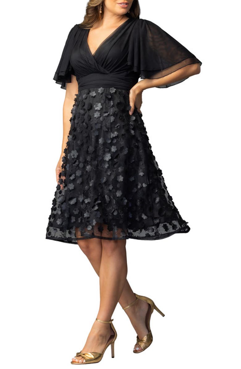 Kiyonna Pretty Petals Mesh Cocktail Dress, Alternate, color, Onyx Blossoms