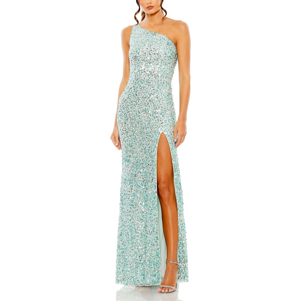 Mac Duggal Sequin One Shoulder Gown W/ Embellishments In Aqua