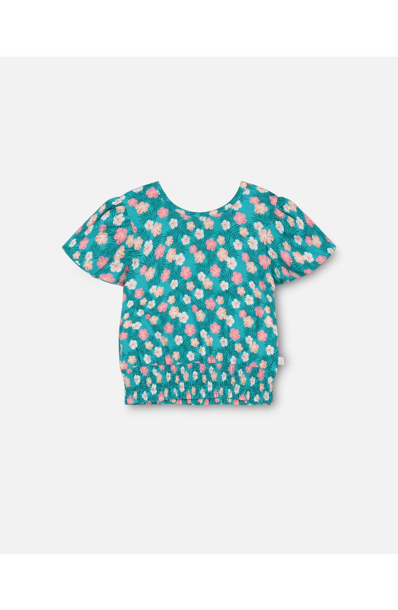 Deux par Deux Girl's Smocked Waist Viscose Blouse Turquoise, Main, color, 
