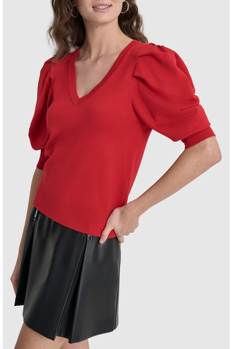 Puff Sleeve V-Neck Sweater, Alternate, color, RED LIGHT
