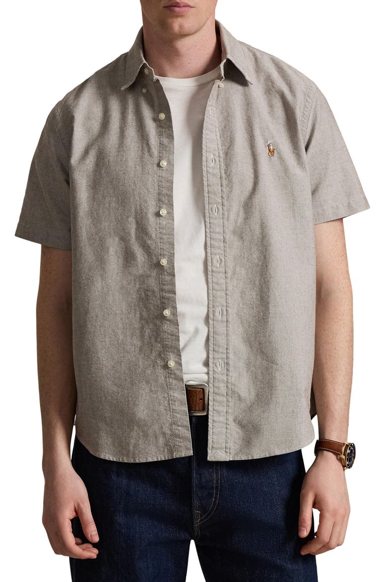 Classic Fit Short Sleeve Button-Down Oxford Shirt, Main, color, NUTMEG BRWN