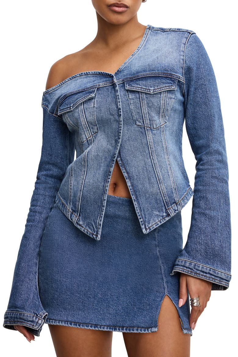 One-Shoulder Cutaway Denim Shirt, Main, color, INDIGO771