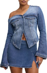 Good American One-Shoulder Cutaway Denim Shirt