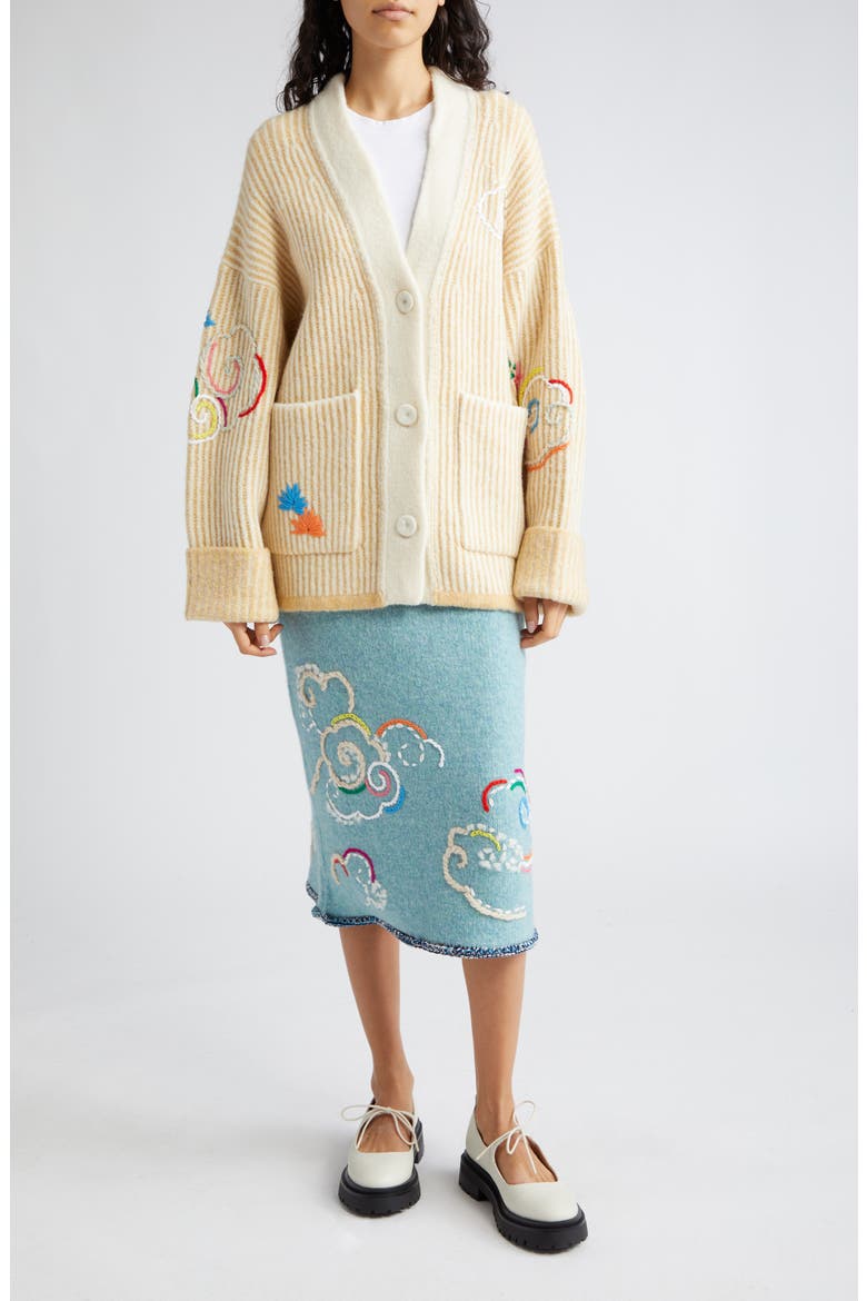 Cloud Embroidered Wool Blend Skirt, Alternate, color, BLUE