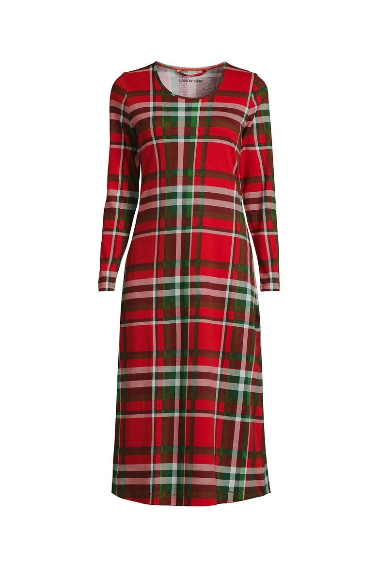 Cotton Long Sleeve Midcalf Nightgown, Alternate, color, Compass Red/Emerald Plaid