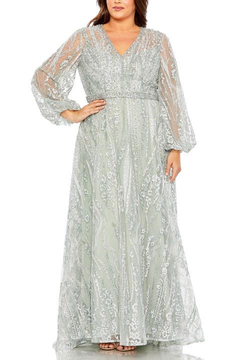 V Neck Puff Sleeve Embroidered A Line Gown