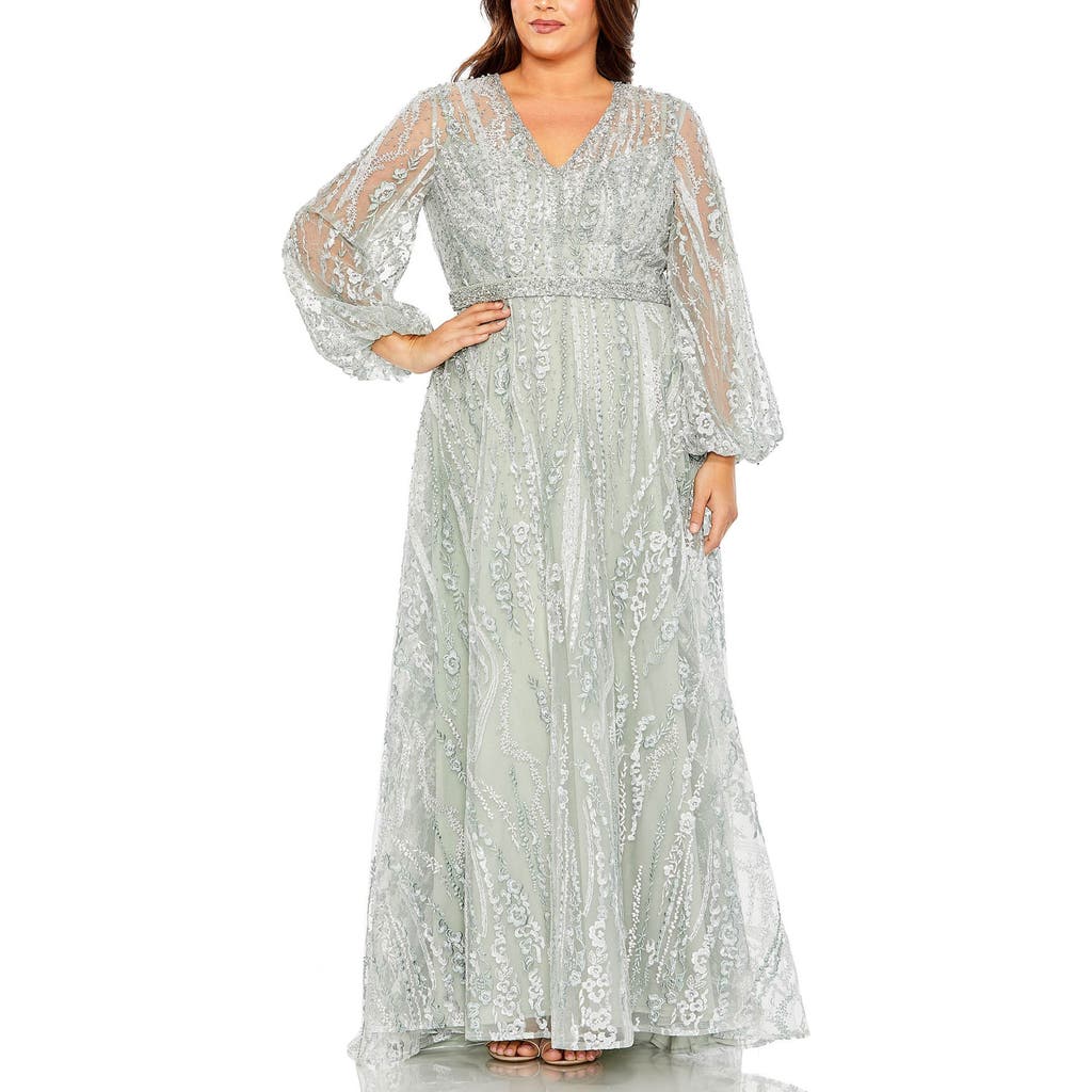 Mac Duggal V Neck Puff Sleeve Embroidered A Line Gown In Seamist