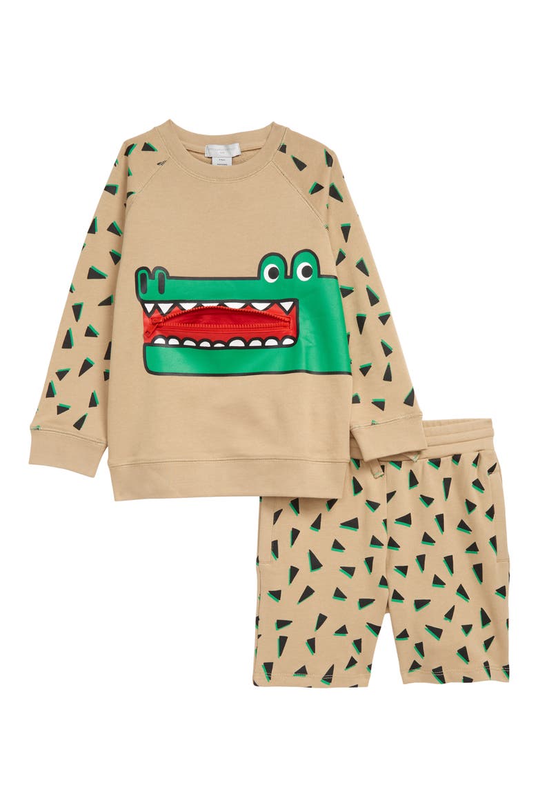Kids' Croco Graphic Sweatshirt & Sweat Shorts Set, Alternate, color, 116VE TAN GREEN