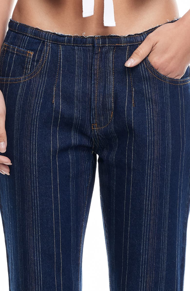 LIONESS Charismatic Dipped Low Rise Flare Jeans, Alternate, color, Dark Denim Stripe