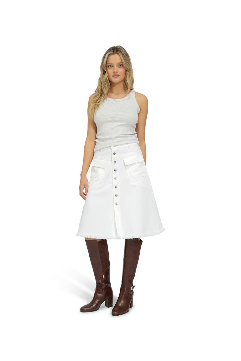 Let Me Wander Button Front Denim Midi Skirt, Main, color, white