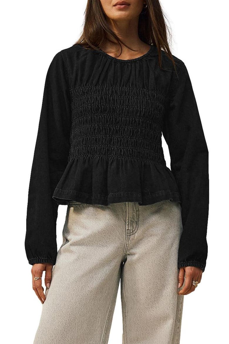 Smocked Peplum Cotton Denim Top, Main, color, BLACK