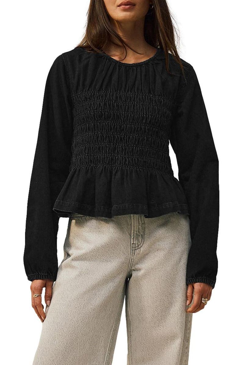 NEXT Smocked Peplum Cotton Denim Top, Main, color, Black