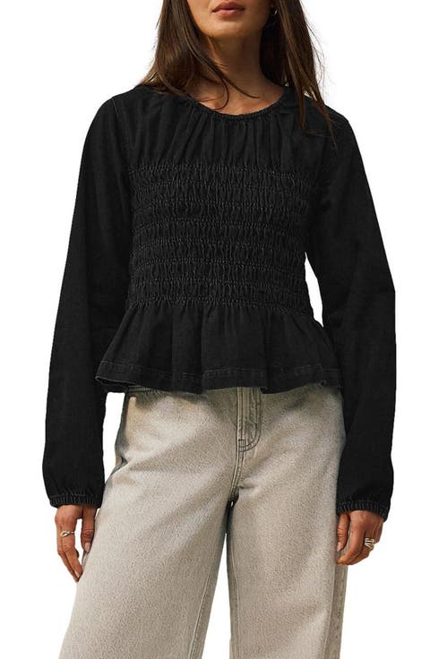 Smocked Peplum Cotton Denim Top