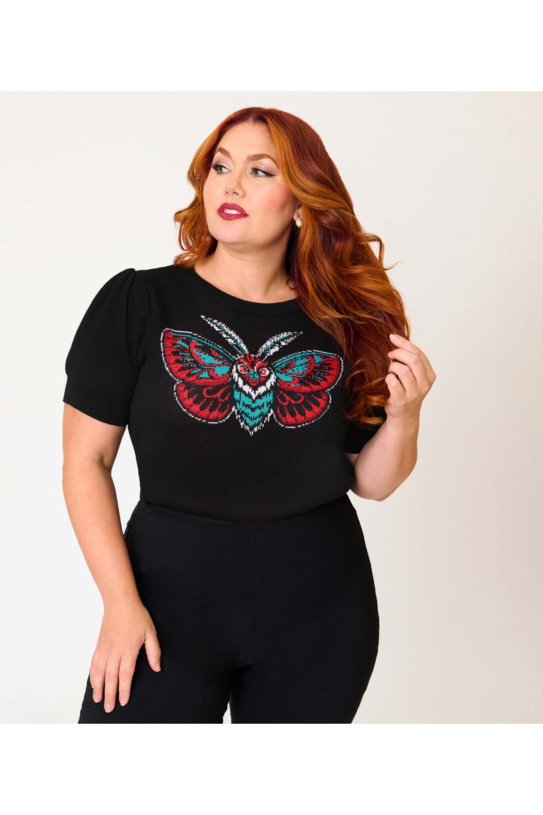 Plus Size Embroidered Long Sleeve Sweater, Main, color, Black Moth Print