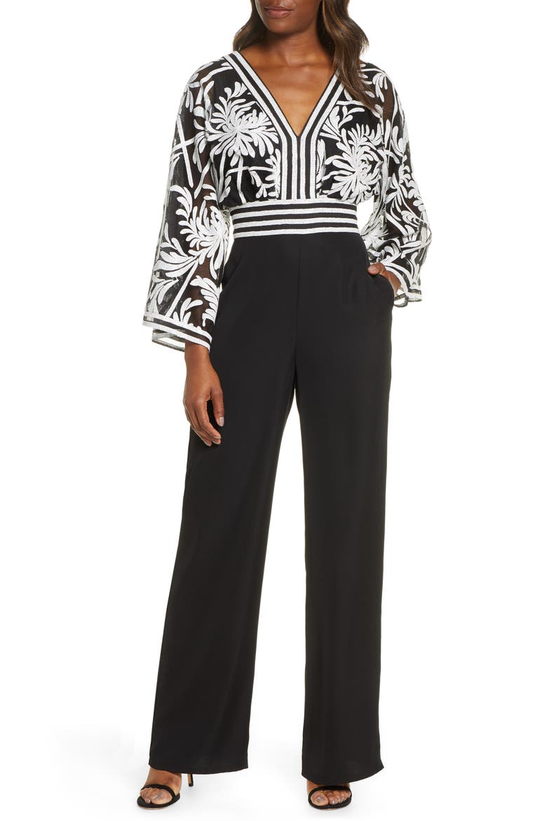 Lace Crepe Jumpsuit, Main, color, IVORY/ BLACK