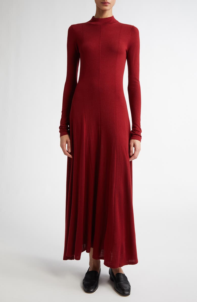 Maria McManus Godet Button Long Sleeve Merino Wool Maxi Sweater Dress, Main, color, Cabarnet