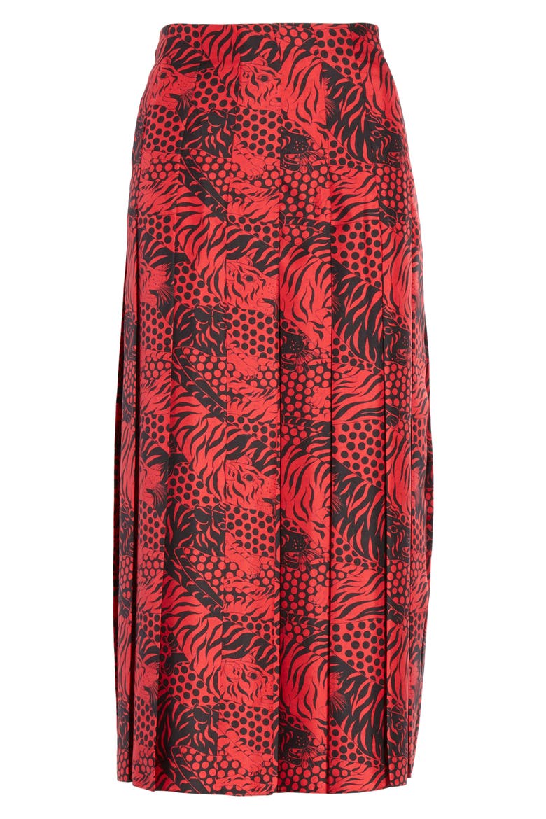 Tiger Print Pleated Silk Skirt, Alternate, color, RED