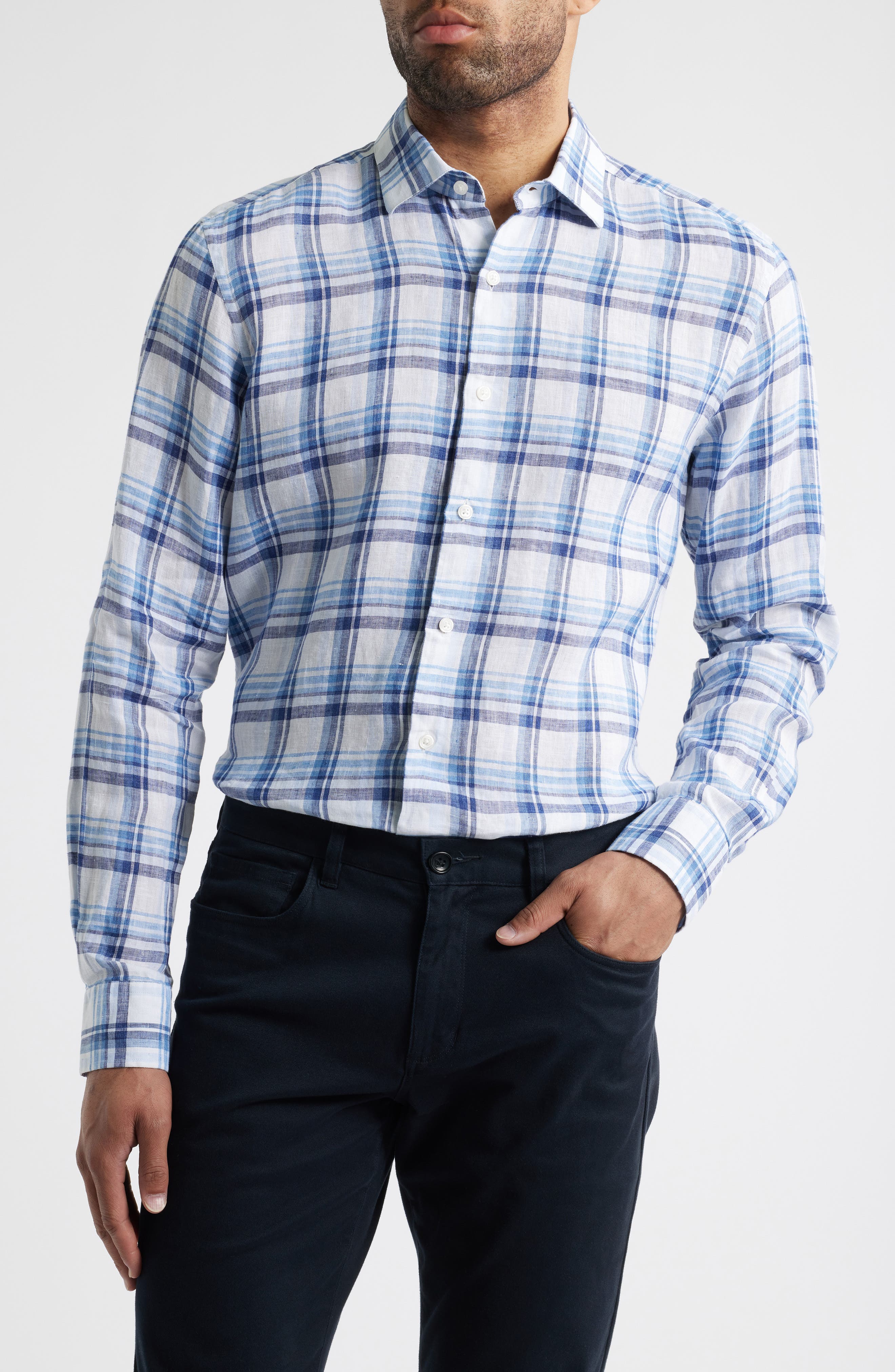 Scott Barber European Plaid Linen Button-Up Shirt