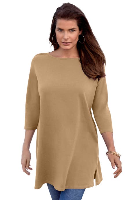 Plus Size Cotton Ultimate Boatneck Tunic With Side Slits (plus)